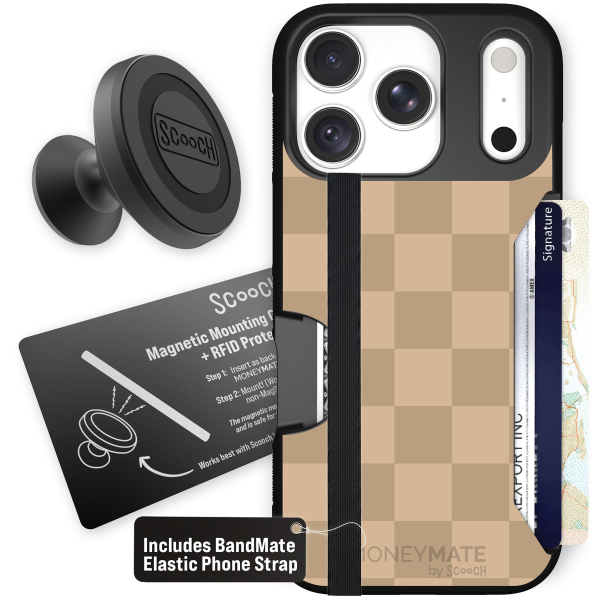 Moneymate Checkered Beige for iPhone 18 Pro — Starter Bundle