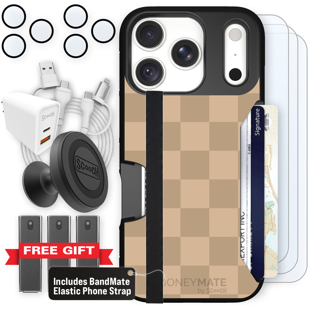 Moneymate Checkered Beige for iPhone 18 Pro — Ultimate Bundle