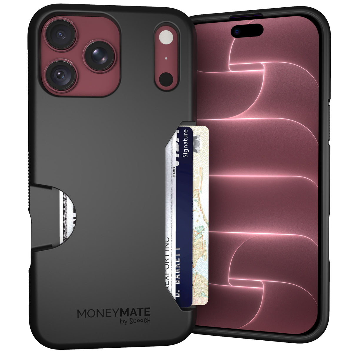 Moneymate Black for iPhone 18 Pro Max with burgundy iPhone — main image