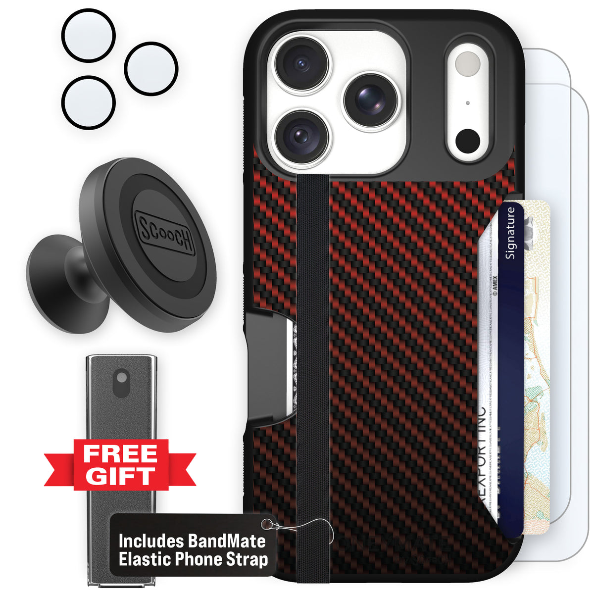 Moneymate Red Carbon Fiber for iPhone 18 Pro — Defender Bundle