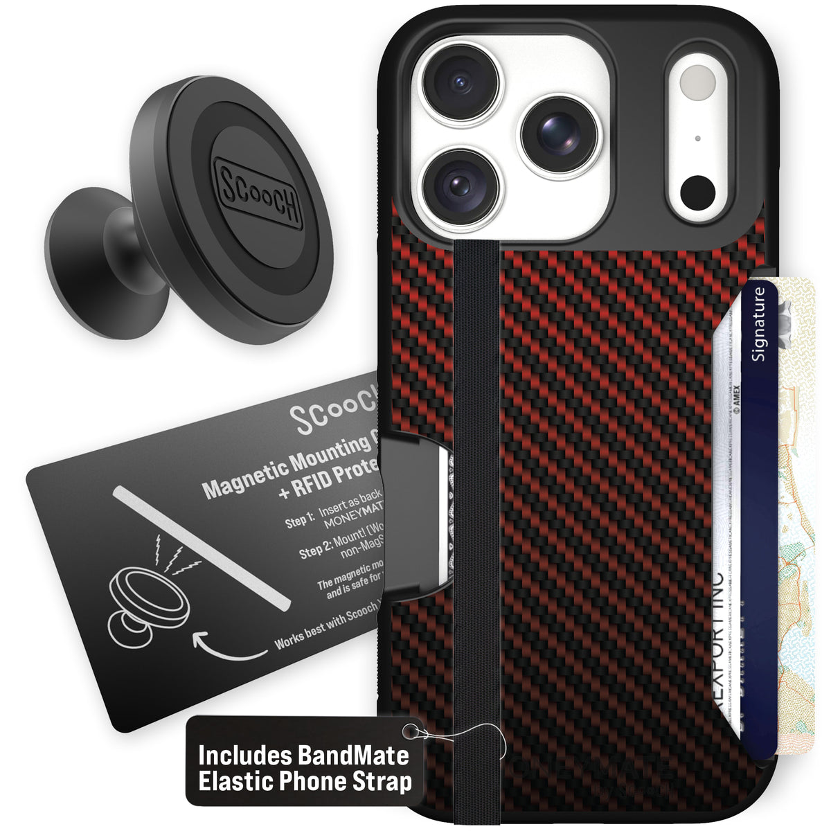 Moneymate Red Carbon Fiber for iPhone 18 Pro — Starter Bundle