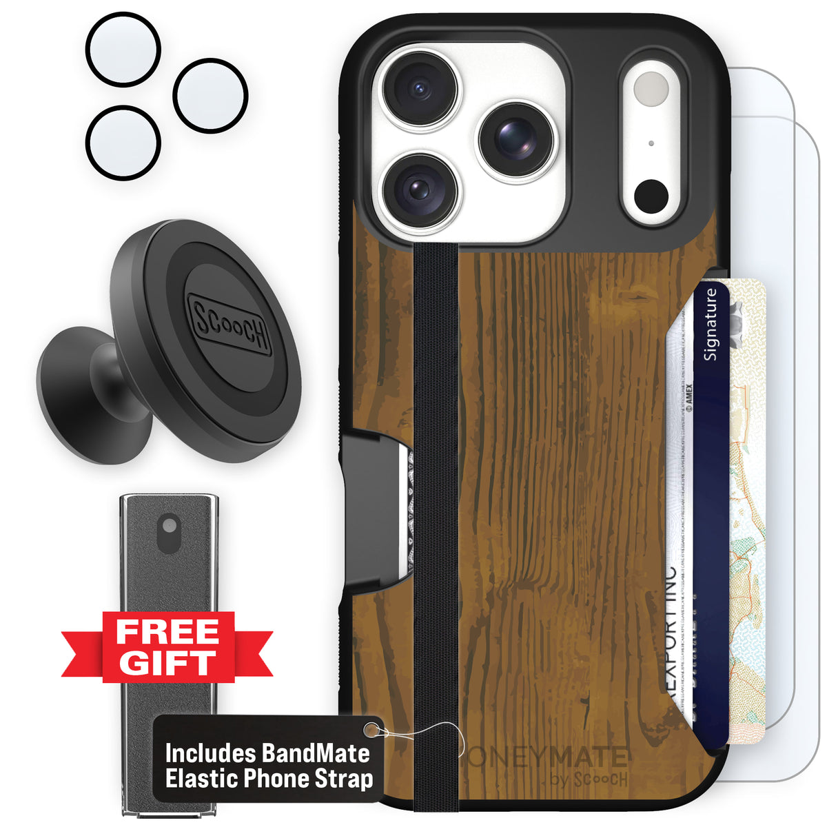 Moneymate Wood Grain for iPhone 18 Pro — Defender Bundle