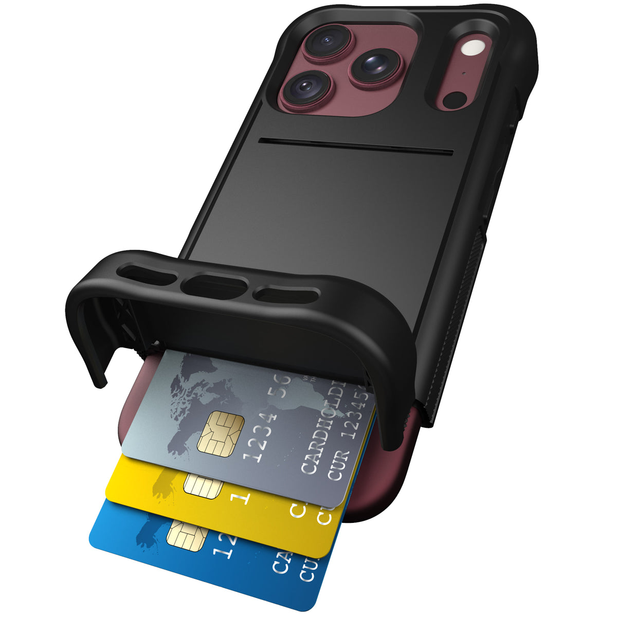 Wingmate Black for iPhone 18 Pro with burgundy iPhone — main image