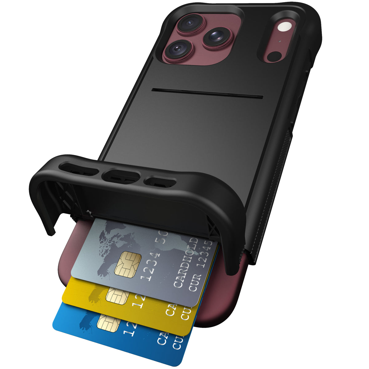 Wingmate Black for iPhone 18 Pro Max with burgundy iPhone — main image
